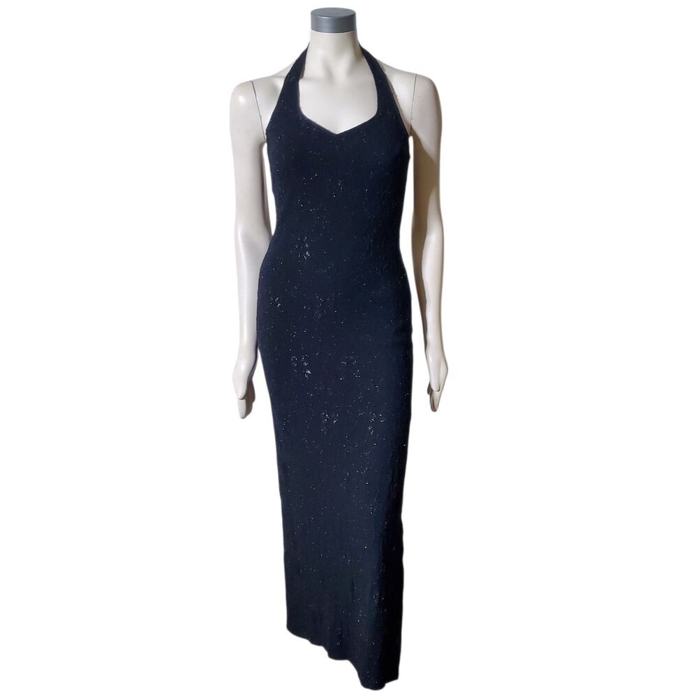 Vintage Slinky Halter Dress Size 8 Black Floral Shimmer Full Length Gown Womens